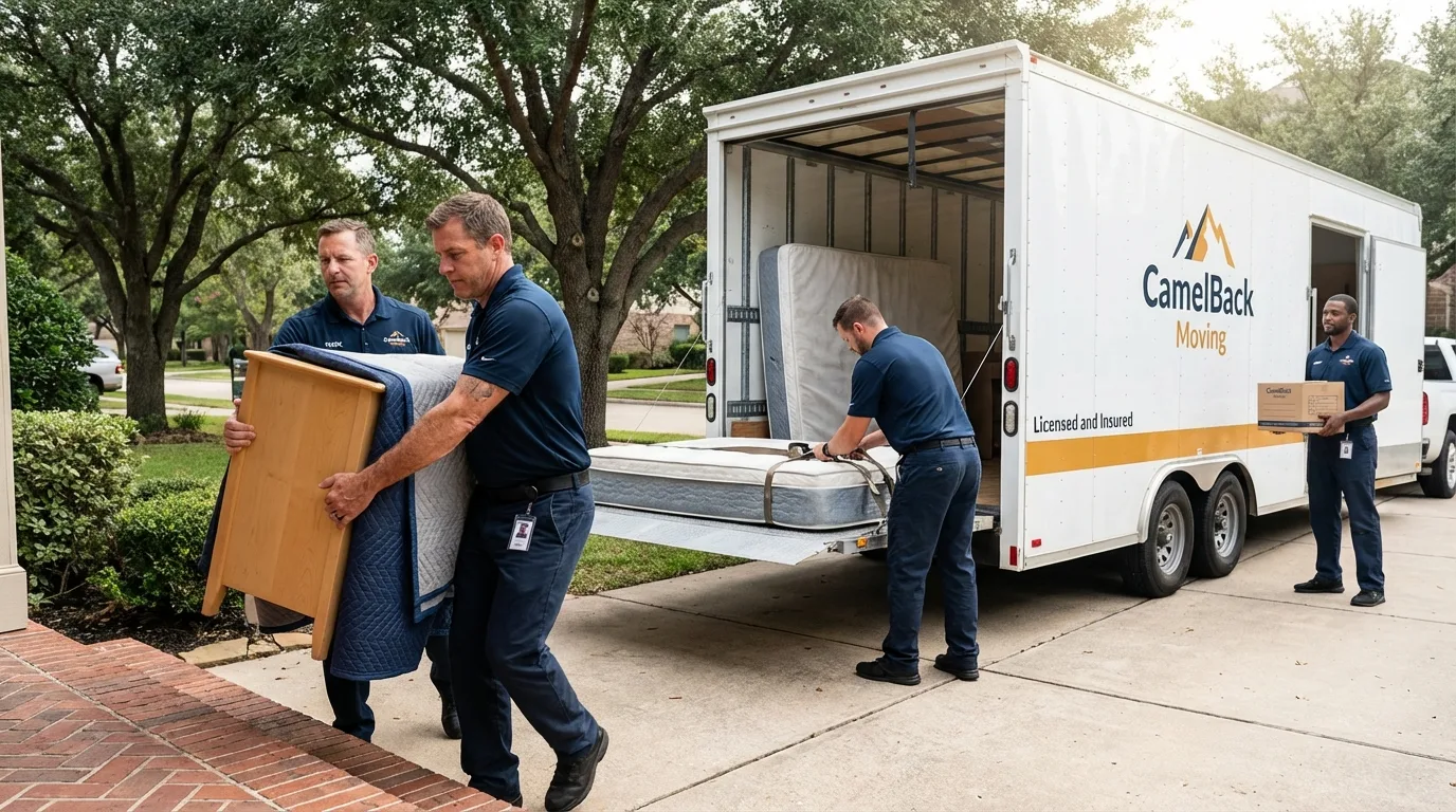 Crew loading residential truck for cross-state move from Old Bethpage, NY