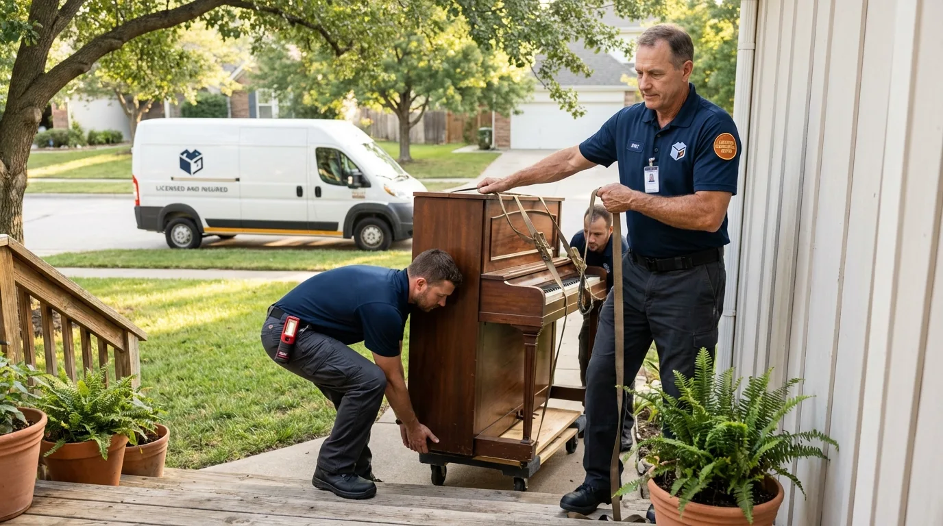 Licensed piano movers securing grand piano in Old Bethpage, NY