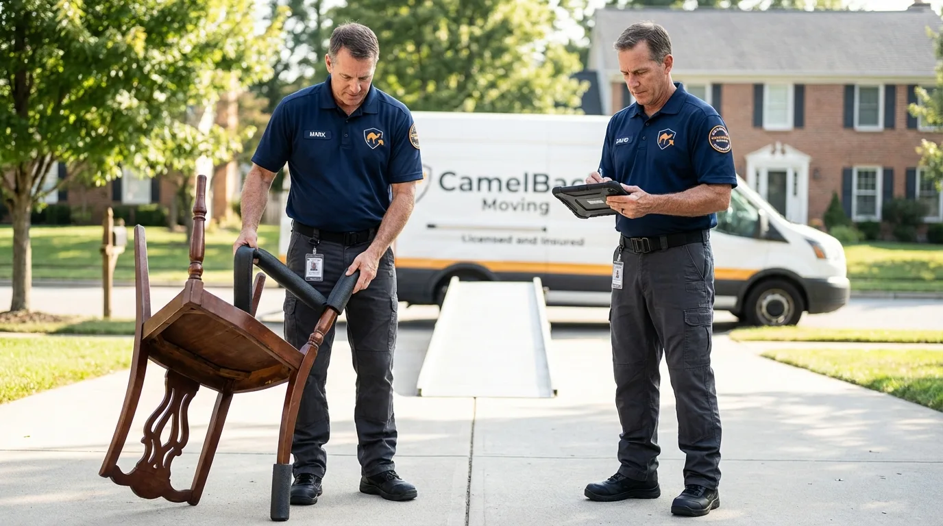 Movers inspecting furniture for damage prevention before loading in Old Bethpage, NY
