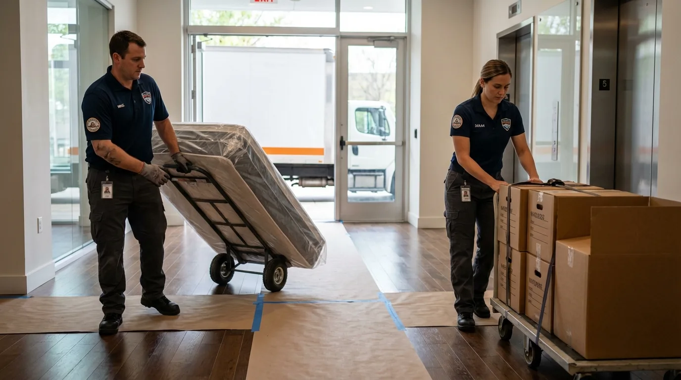 Professional apartment movers loading elevator in Old Bethpage, NY